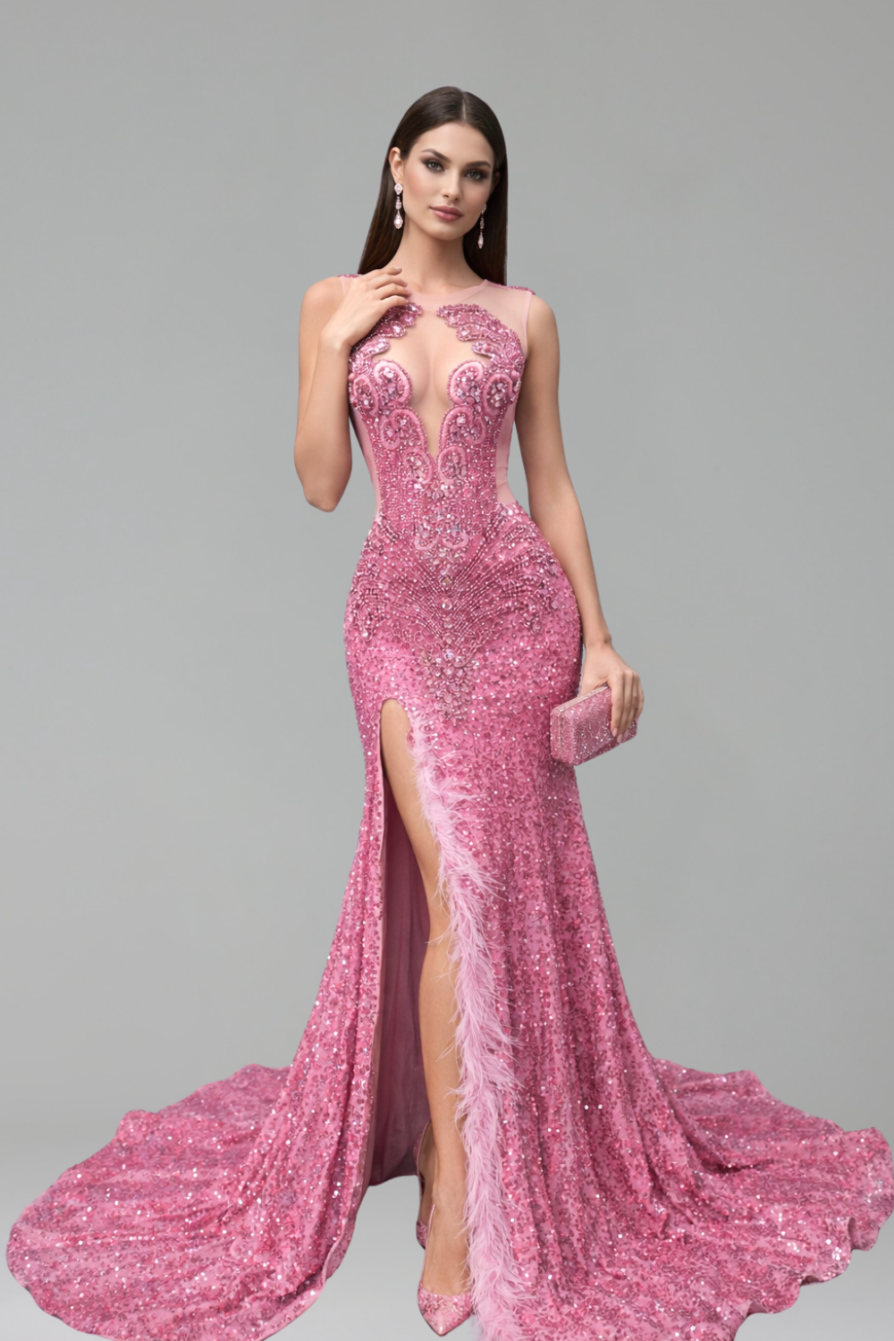 Illusion Embroidered Feathered Slit Gown - LAROSABRIDE