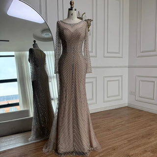 Sheer-Sleeve Crystal Illusion Gown