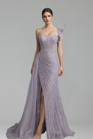 One-Shoulder Beaded Split Mermaid Dress