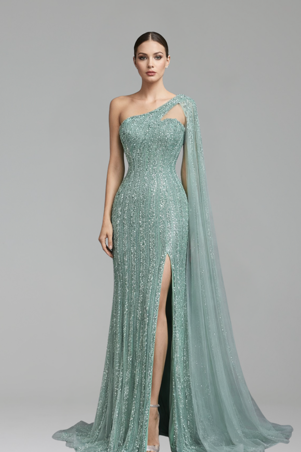 One-Shoulder Cape Mermaid Dress-Larosabride