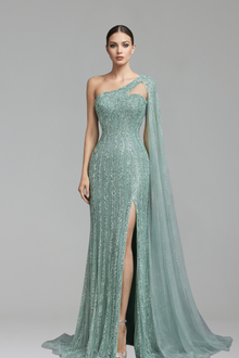 One-Shoulder Cape Mermaid Dress-Larosabride