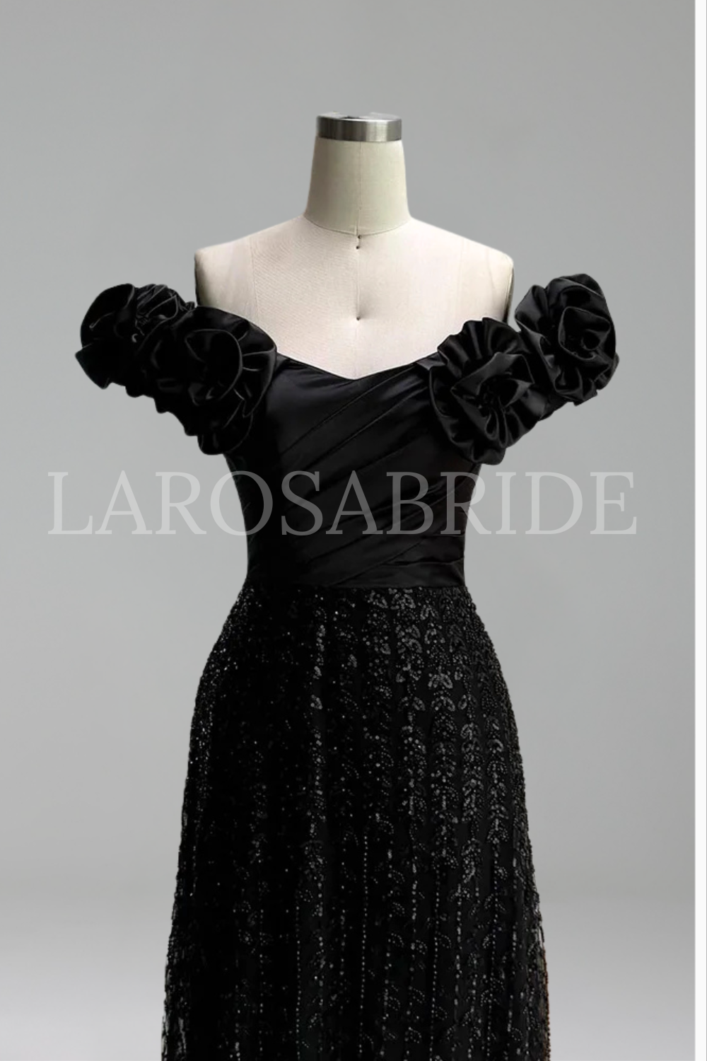 Black Off Shoulder With Flower Sleeves - LAROSABRIDE