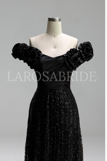 Black Off Shoulder With Flower Sleeves - LAROSABRIDE