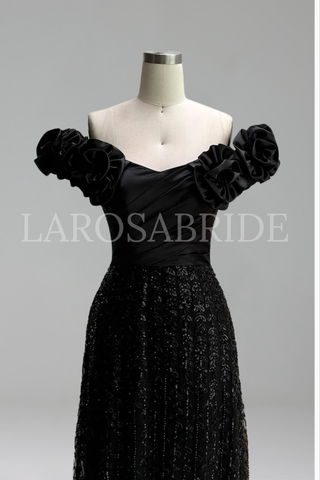 Black Off Shoulder With Flower Sleeves - LAROSABRIDE
