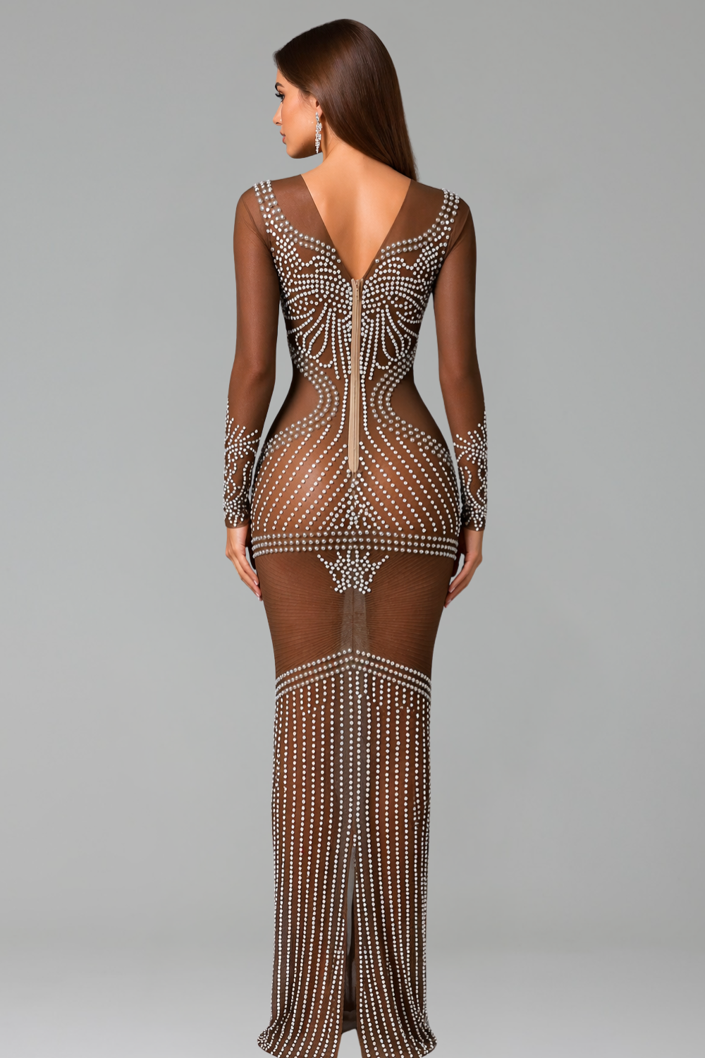Sheer Beaded Long Sleeve Dress - LAROSABRIDE