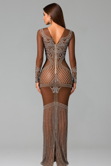 Sheer Beaded Long Sleeve Dress - LAROSABRIDE