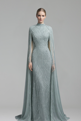 Beaded High-Neck Cape Dress