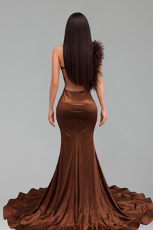 One Shoulder Feather Mermaid Gown - LAROSABRIDE