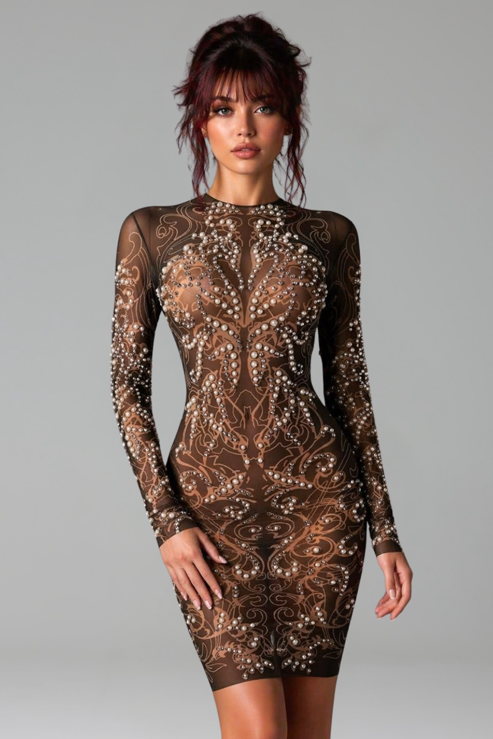 Sheer Pearl-Embellished Bodycon Dress - LAROSABRIDE