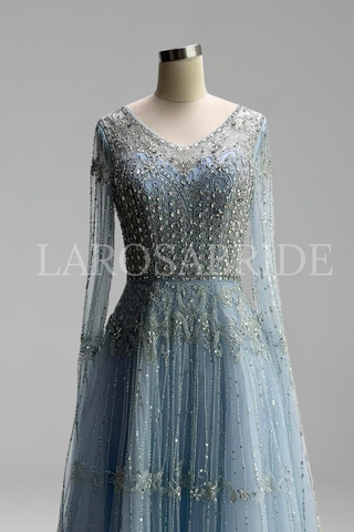 Beaded Cape Long Sleeve Dress - LAROSABRIDE