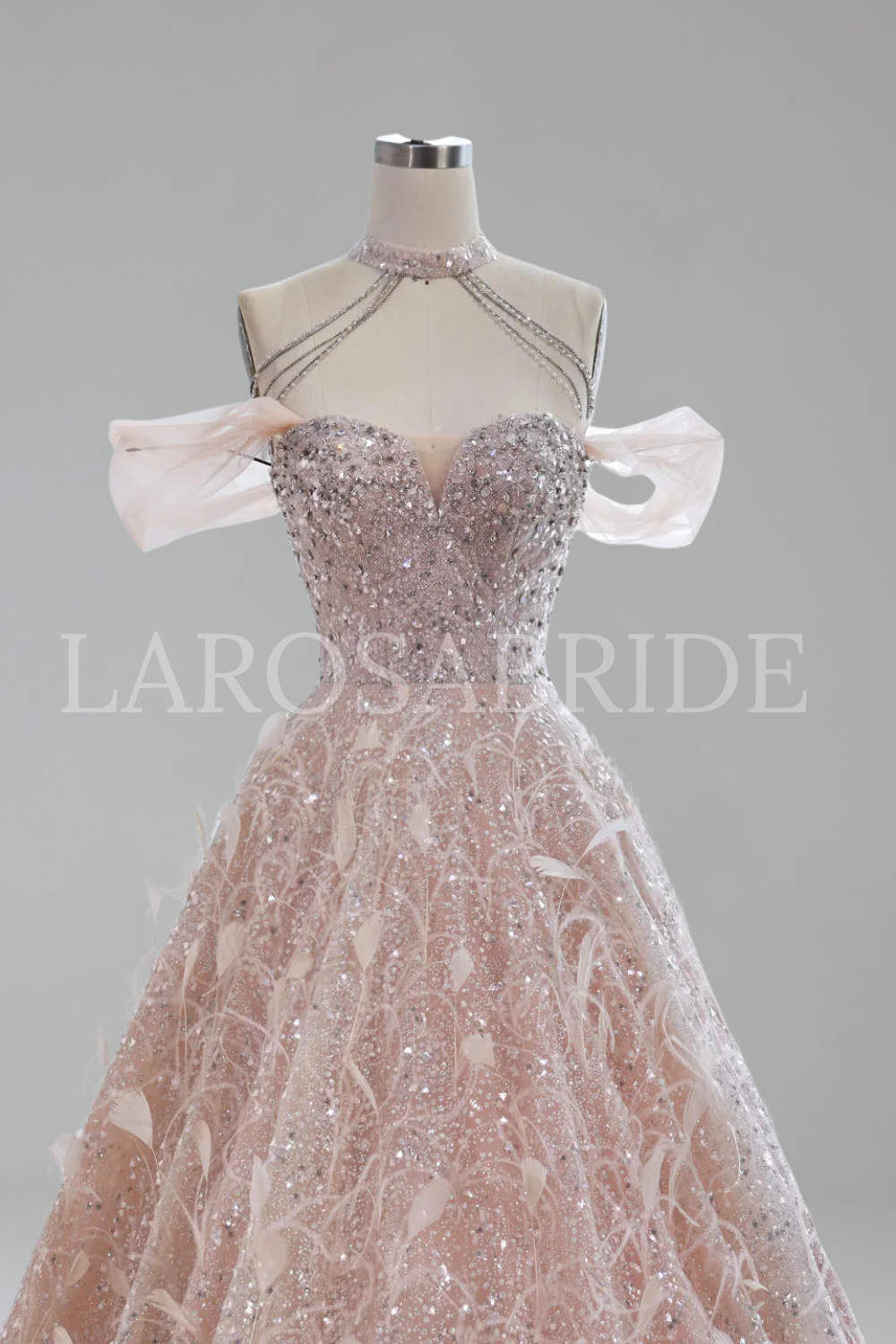 Pink Off The Shoulder 3D Flower Beaded - LAROSABRIDE