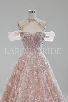 Pink Off The Shoulder 3D Flower Beaded - LAROSABRIDE