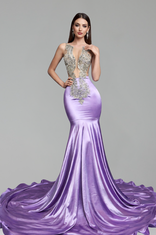 Illusion Beaded Satin Mermaid Gown