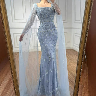 Ships in 2 to 5 Days - Luxury Caramel Saudi-Inspired Evening Dress – Elegant Gown with Long Sleeves and Flowing Cape