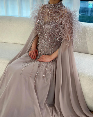 Ships in 2 to 5 Days - Feather-Trimmed High Neck Beaded A-Line Evening Gown with Sheer Cape Sleeves