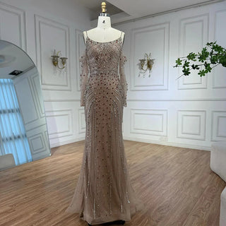 Rose-Gold Beaded Cold-Shoulder Gown