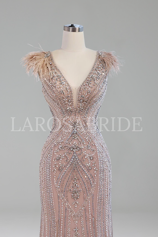 Caramel Beaded Feather Mermaid Dress