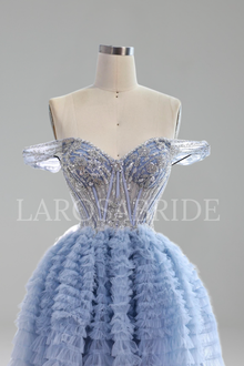 Blue A-Line Off Shoulder Mini Tulle - LAROSABRIDE