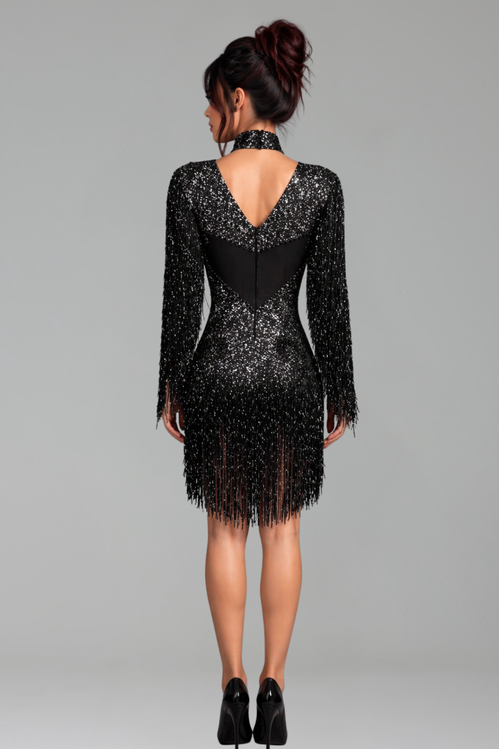 Fringed Crystal Embellished Illusion Mini Dress - LAROSABRIDE