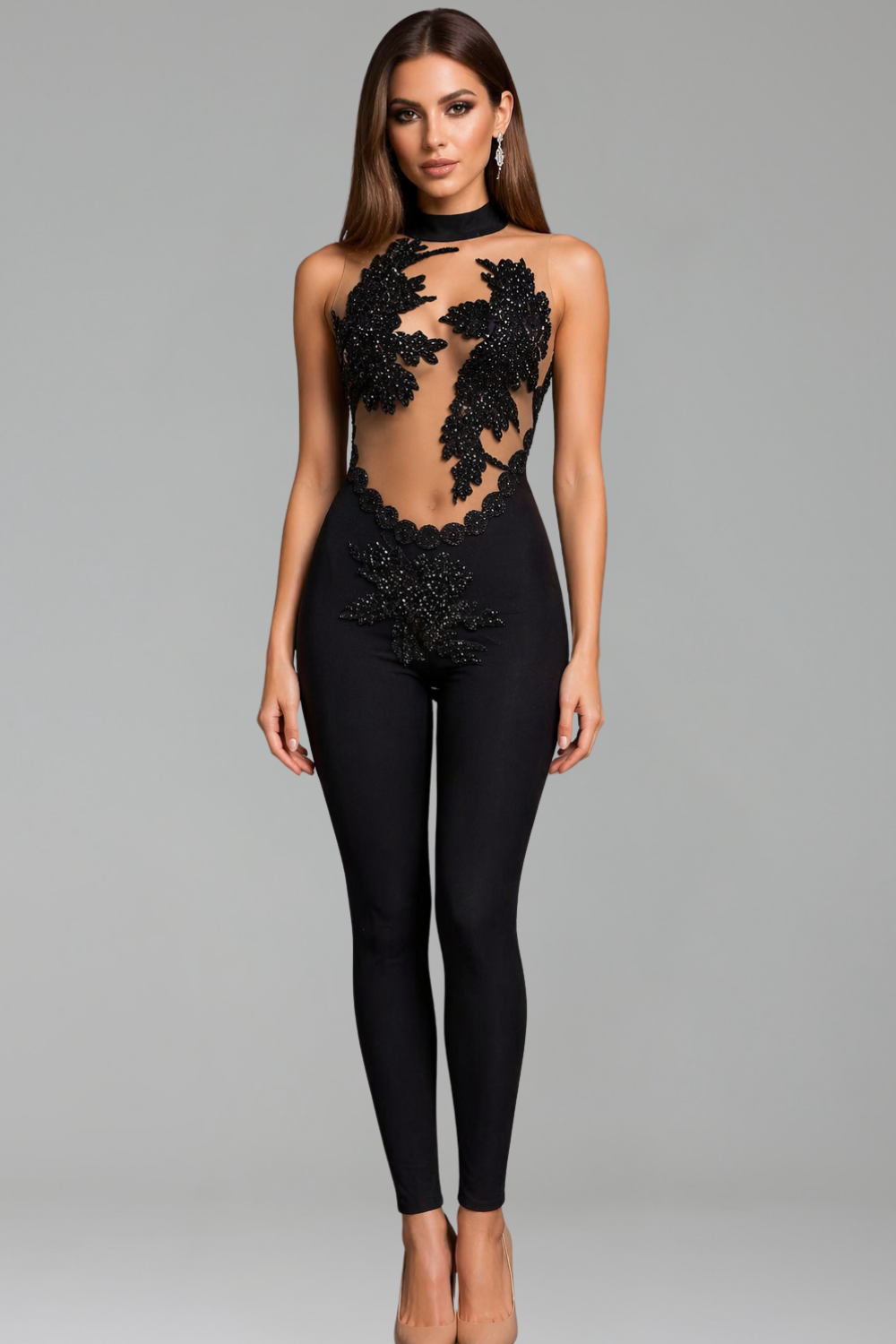 Sheer Panel Embellished Jumpsuit - LAROSABRIDE