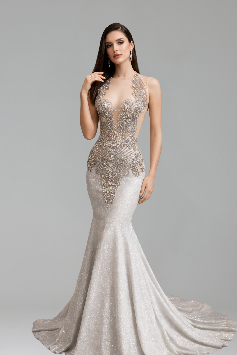 Iridescent Satin Lace Halter Mermaid Gown - LAROSABRIDE