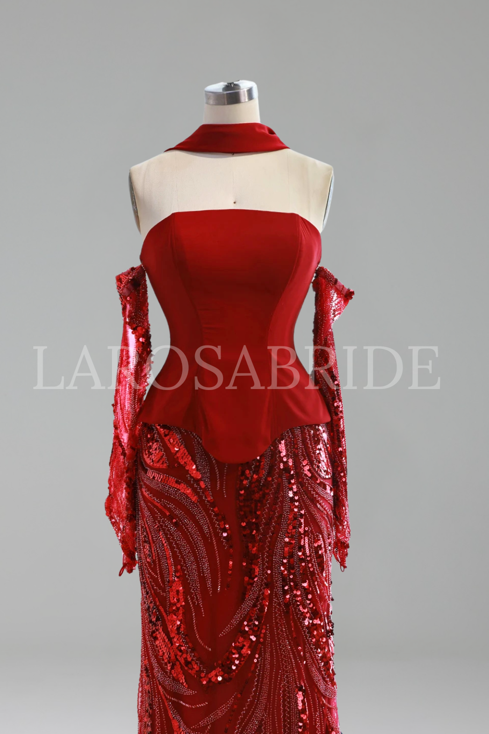 Wine Red Mermaid Gown With Gloves - LAROSABRIDE