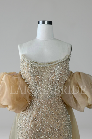 Beaded Evening Dress Puff Sleeves - LAROSABRIDE