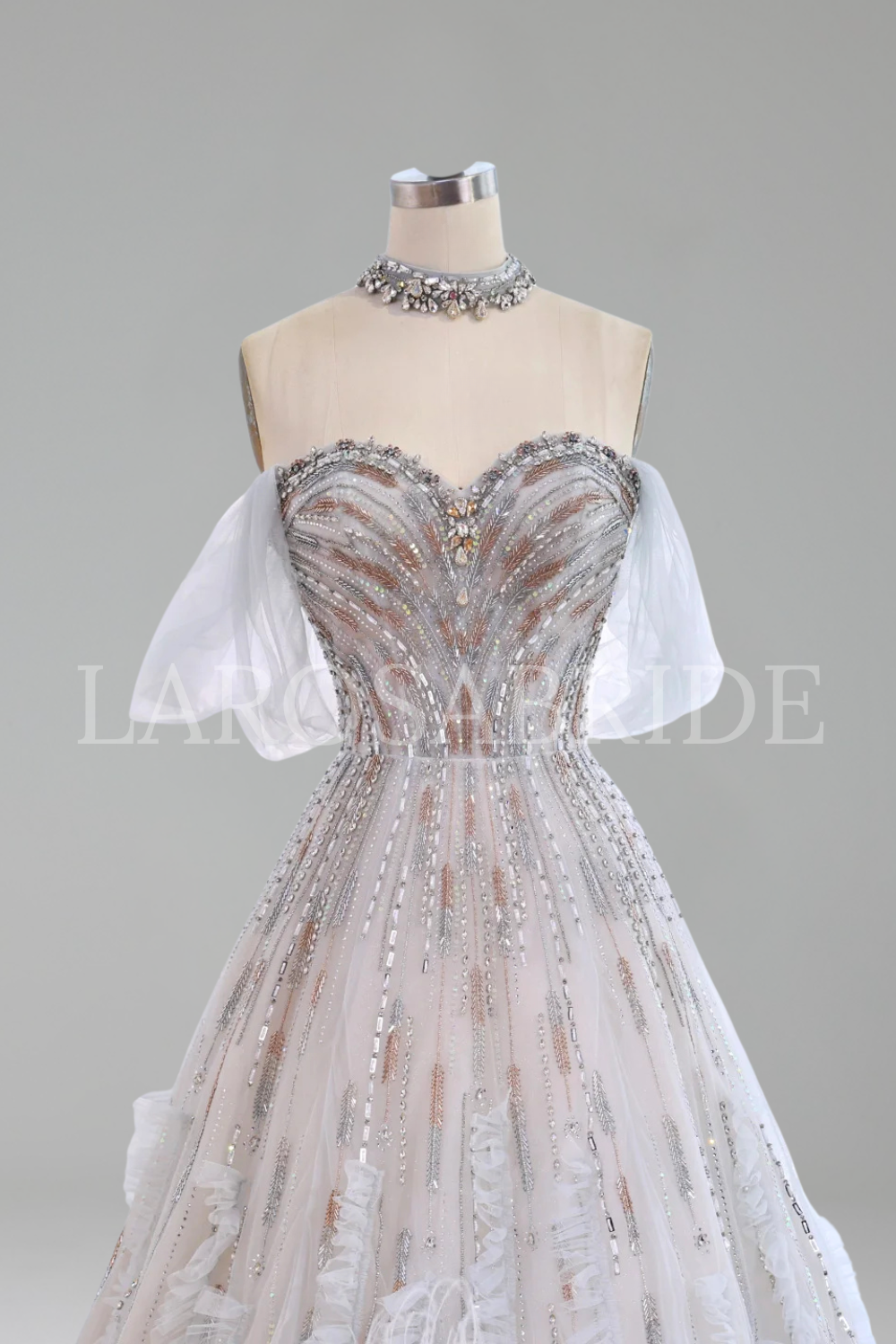 Blue Feather Beaded A Line Dress - LAROSABRIDE