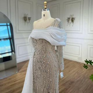 Draped Beaded One-Shoulder Gown