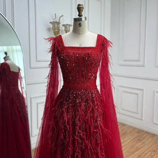 Ships in 2 to 5 Days - Luxury Elegant Blue Beaded A-Line Evening Dress – Formal Gown with Feather Details.