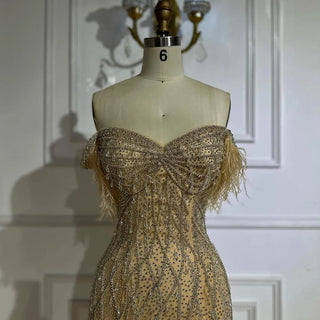 Ships in 2 to 5 Days -2025 Custom Nude Beaded Mermaid Evening Dress – Formal Gown with Feathered Details