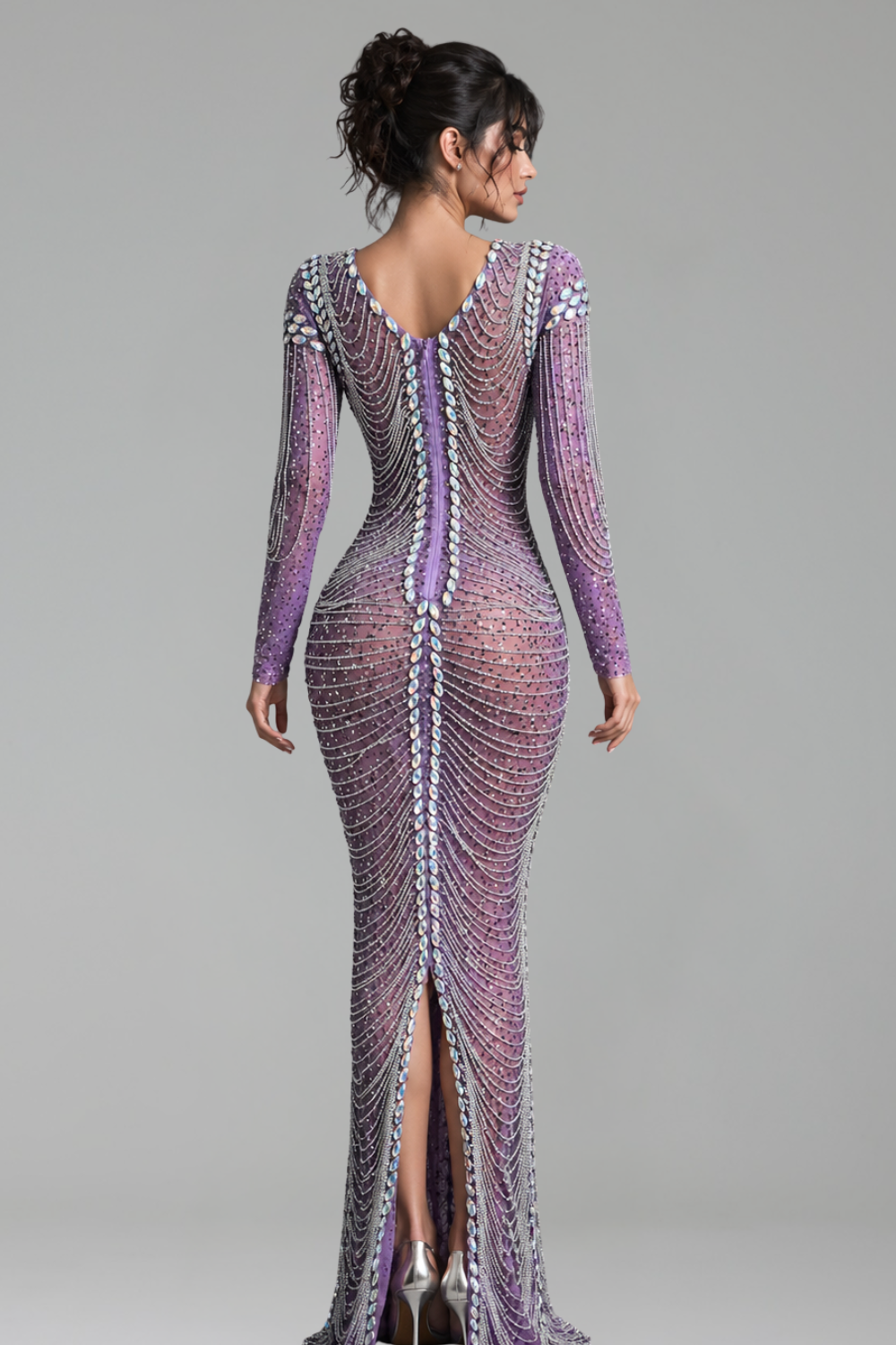 Illusion Deep V Crystal Chain Gown - LAROSABRIDE