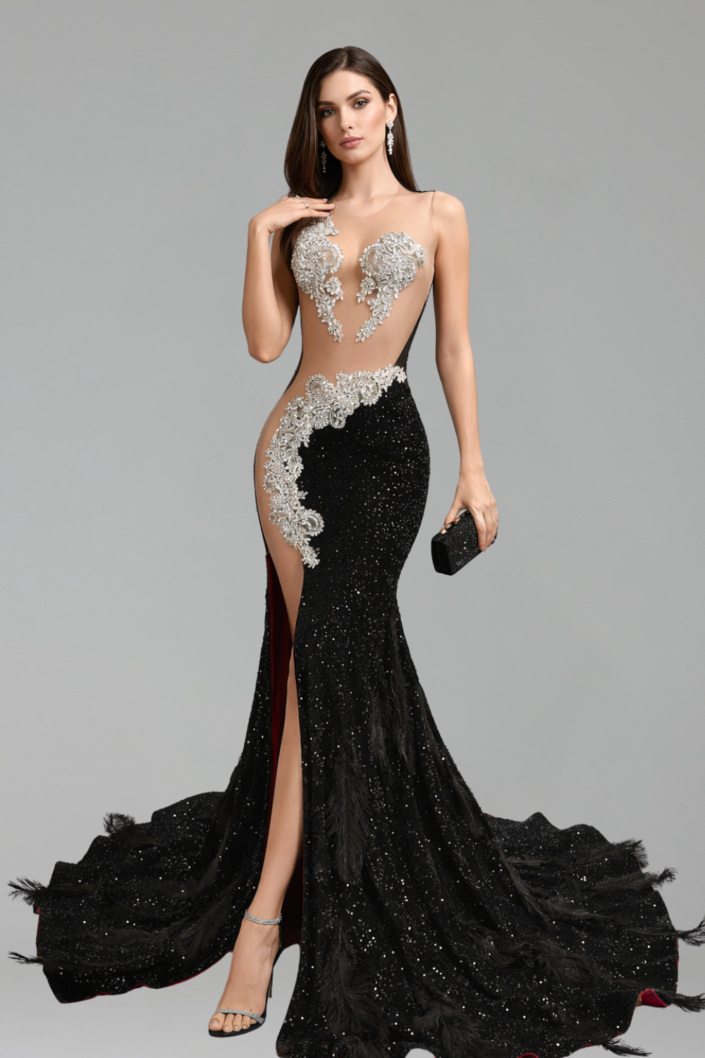 Beaded Cutout Feather Train Dress - LAROSABRIDE