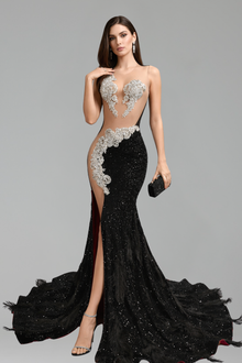 Beaded Cutout Feather Train Dress - LAROSABRIDE