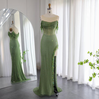 Ships in 2 to 5 Days - Arabic Green Crystal Luxury Dubai Evening Dresses Gowns High Slit Prom Dress for Women Wedding Party 2025