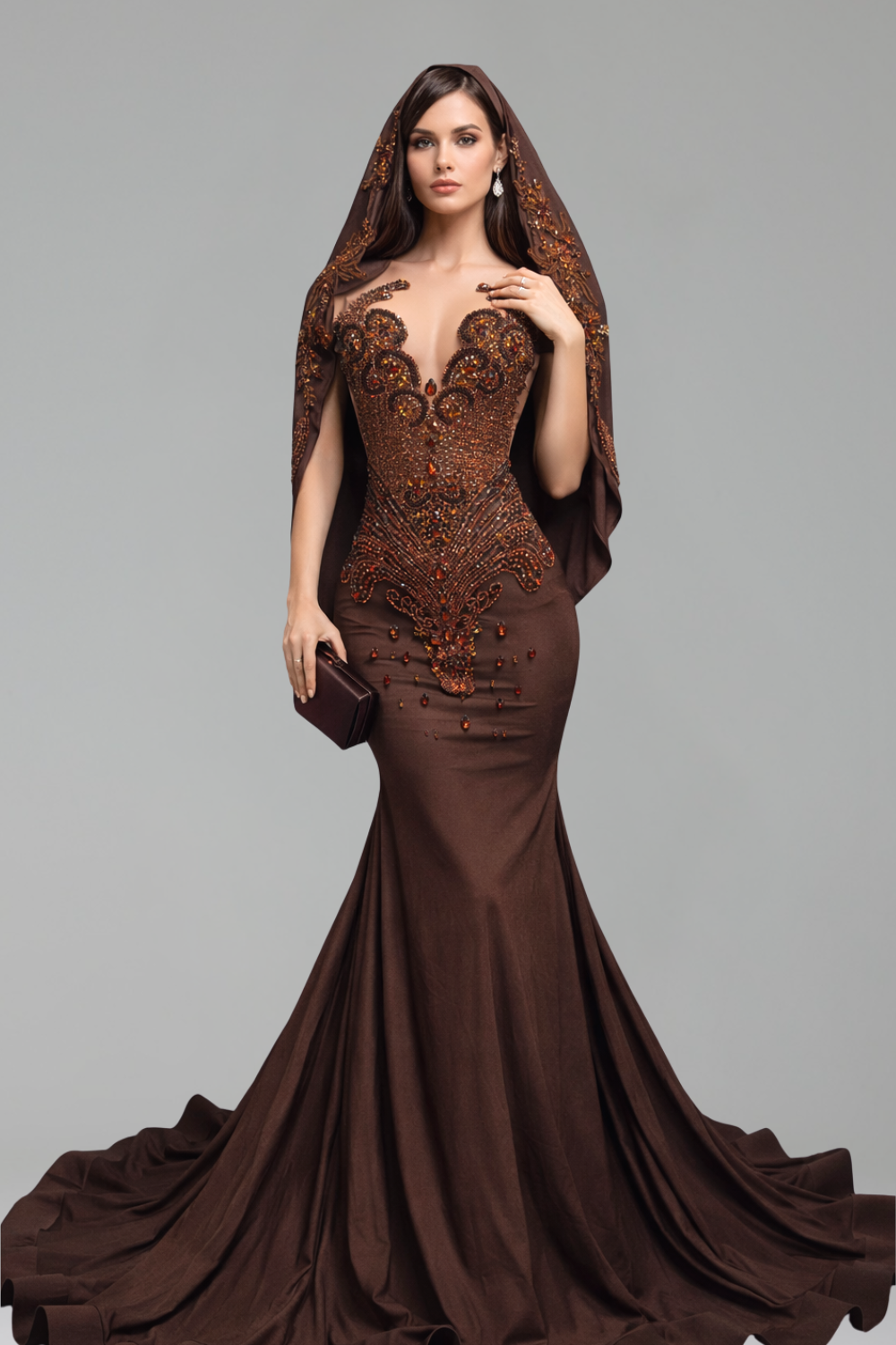 Beaded Deep Neckline Mermaid Dress - LAROSABRIDE