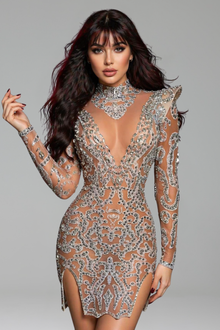 Sheer Embellished Long-Sleeve Bodycon Dress - LAROSABRIDE