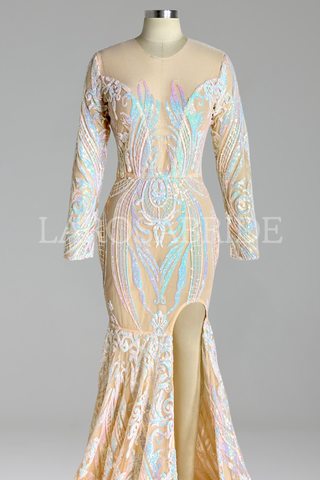 Long Sleeve Sequin Slit Gown