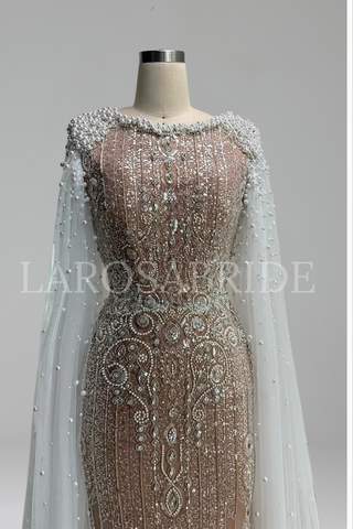 Pearls Beaded Dress with Cape Sleeves - LAROSABRIDE