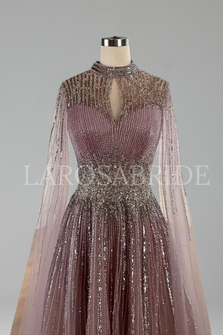 Modest Beaded Cape Dress - LAROSABRIDE