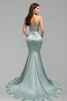 Embellished Satin Mermaid Dress - LAROSABRIDE