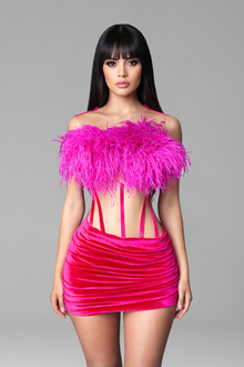 Feathered Pink Velvet Mini Dress - LAROSABRIDE
