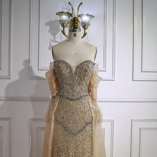 Ships in 2 to 5 Days - 2025 Custom Off-Shoulder Nude Beaded Mermaid Evening Dress – Saudi-Inspired Gown with Overskirt for Formal Occasions