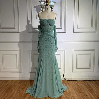 Strapless Ruched-Sleeve Embellished Gown