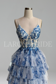 blue print floral Ruffle prom dress - LAROSABRIDE