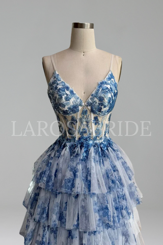 blue print floral Ruffle prom dress - LAROSABRIDE