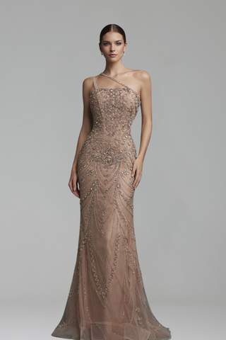 One-Shoulder Beaded Evening Dress