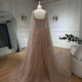 Ships in 2 to 5 Days - Arabic Nude A-Line Cape Sleeve Crystal Beaded Saudi Evening Dresses for Occasion