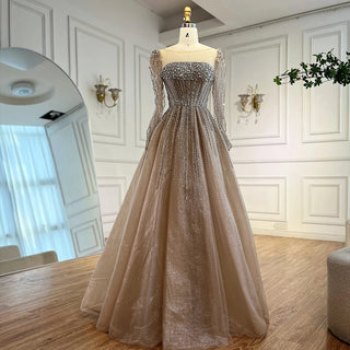 Ships in 2 to 5 Days -Luxury Caramel Sparkly A-Line Evening Dress – Long Sleeve Ball Gown for Prom & Parties