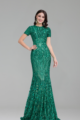 Short Sleeve Embellished Mermaid Gown - LAROSABRIDE